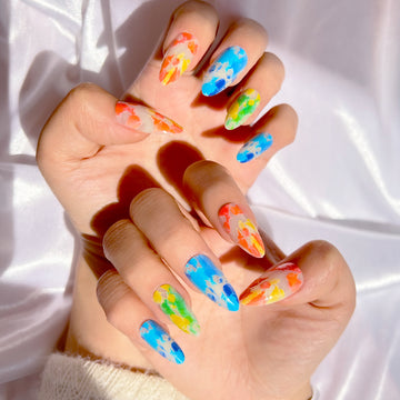 OPOOLA Almond Press on Nails Medium,OPOOLA Rainbow Jelly Soft Gel Fake Nails for Women Fit Natural,  Stick on Nails Reusable, 24pcs False Nails with Design Glue Art Kit